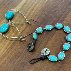 Fossil bracelet and Hoop Earrings with Bright Turquoise Stones set